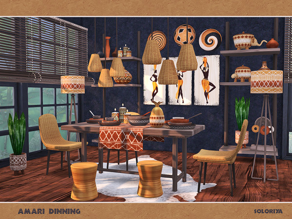Sims 4 — Amari Dining by soloriya — A set of ethnic furniture for dining rooms. Items in the set: --blinds, --three kinds