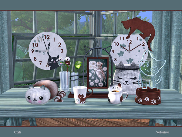 Sims 4 — Cats by soloriya — A decorative cat set. Includes 9 objects: --basket, --decorative toy cat, --two wall clocks,