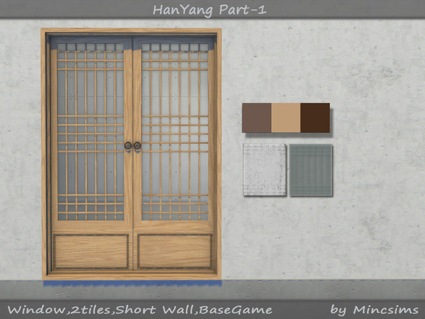 Sims 4 — HanYang Window 2Tiles by Mincsims — for short wall 6 swatches(3 wood textures, 2 glass textures)