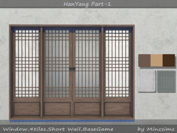 Sims 4 — HanYang Window 4Tiles by Mincsims — for short wall 9 swatches(3 wood textures, 3 glass textures)