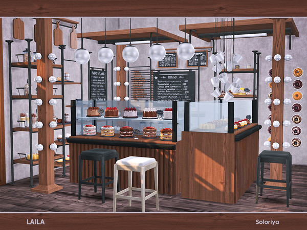 Sims 4 — Laila by soloriya — A set of furniture for your bakery. Includes 9 objects: --three stalls, --storage, --three