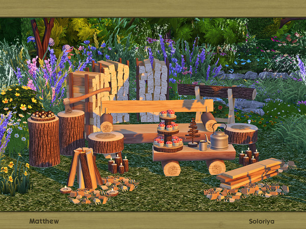 Sims 4 — Matthew by soloriya — Forest supplies for your outdoor life. Includes 10 objects, has 3 color palettes. Items in