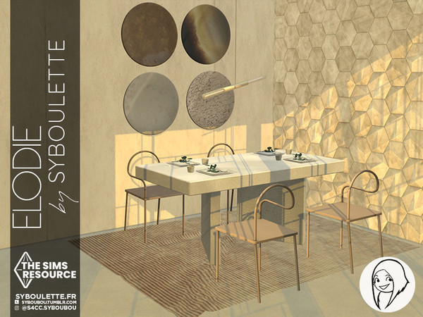Sims 4 — Elodie dining set by Syboubou — This set has a minimalist style, using simple shapes ad raw material to create