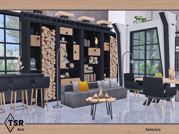 Sims 4 — Ava by soloriya — A modern living room. Includes 9 objects: --coffee table, --sofa, --sofa pillows, --three