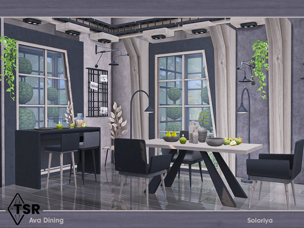 Sims 4 — Ava Dining by soloriya — Modern dining set of furniture. Includes 9 objects: --dining table, --two kinds of