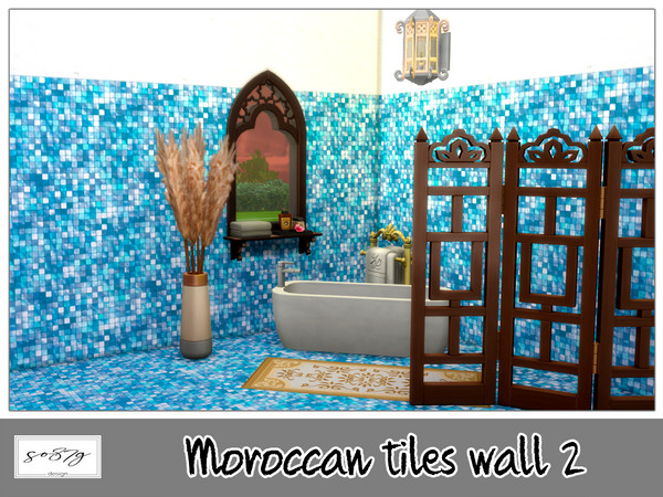 Sims 4 — Moroccan blue tiles walls by so87g — cost: 5$, 2 colors/patterns, works for all 3 wall sizes. You can find it in