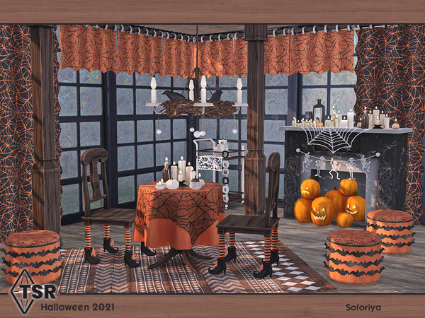 Sims 4 — Halloween 2021 by soloriya — A dining room set for Halloween parties. Has 5 color palettes. Includes 11 items: