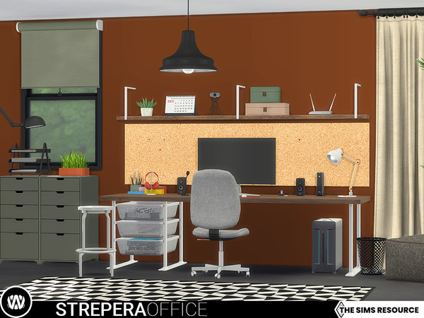 Sims 4 — Strepera Office by wondymoon — A working area with wire drawer detailed large desk and wheeled desk chair for
