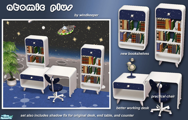 Sims 2 — Atomic Plus by Windkeeper — Additional objects matching Maxis Atomic Kids collection: bookcase, wall bookshelf,