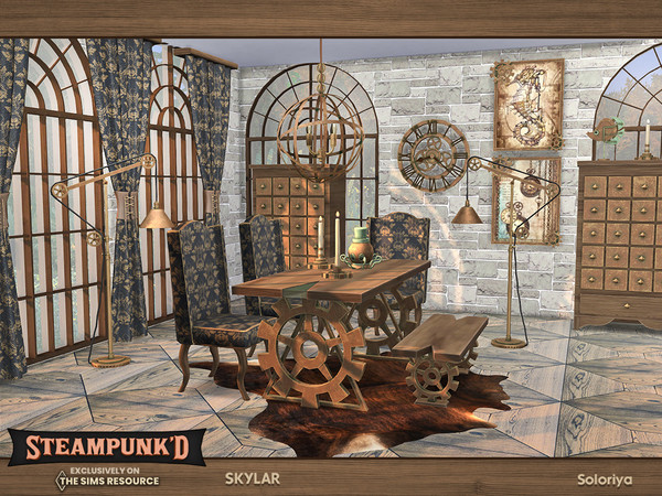 Sims 4 — Steampunked. Skylar by soloriya — Steampunk furniture for dining rooms. Includes 11 objects: --bench, --cabinet,