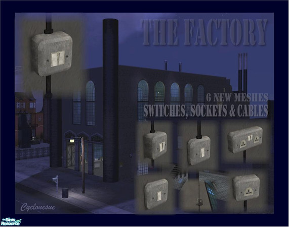 Sims 2 — Factory Switches, Sockets & Cables by Cyclonesue — Industrial wall decorations including plug sockets, light