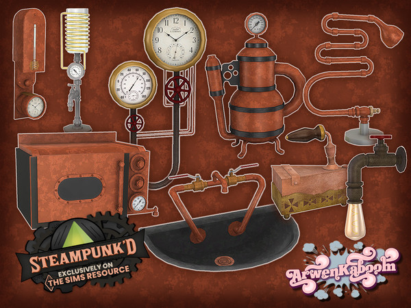Sims 4 — Steampunked Goodies by ArwenKaboom — Steampunk inspired set made for TSR collaboration. It has 9 items, some