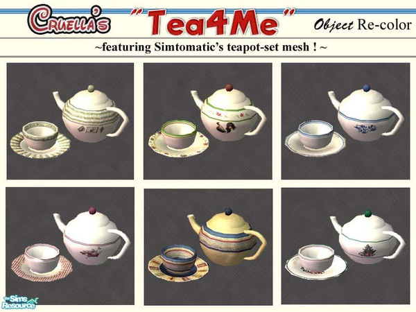 Sims 2 — am_Tea4Me by Cruella — Six different teapot sets, all in different designs for your Sim's kitchen. Teapot-set