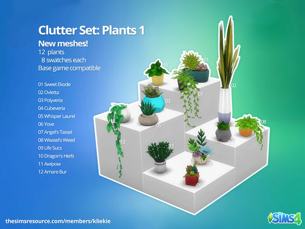Sims 4 — Clutter Set: Plants 1 by kliekie — 12 New plants! All of them have 8 swatches, besides the obvious pot color the