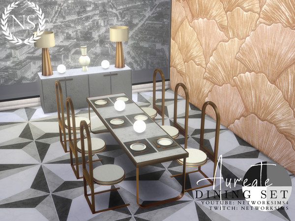 Sims 4 — Aureate Dining by networksims — A modern dining set in greyscale colours with touches of gold.