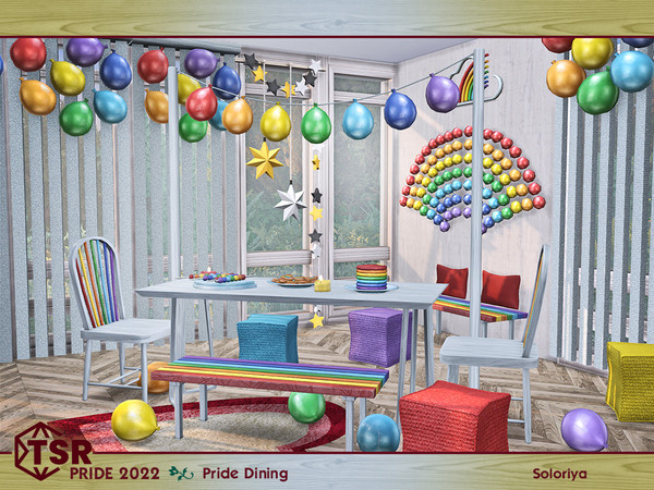 Sims 4 — PRIDE 2022. Pride Dining by soloriya — --balloon, --bench, --dining chair, --curtain, --dining table, --floor