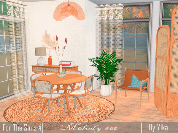 Sims 4 — Melody set by Ylka — Set for your dining room. The set includes: 1) Round dining table - has 4 colors 2) Dining