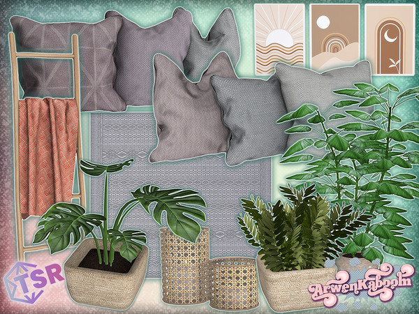 Sims 4 — Elna Deco by ArwenKaboom — Woven cane themed living room deco in bright and dark colors. All objects are base