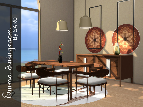 Sims 4 — Emma dining set by SSR99 — An oak wood dining room set with beautiful decor and many warm brown tones. 