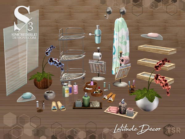 Sims 3 — Latitude Extras by SIMcredible! — This is a set with 17 bathroom accents and decor items to make your Latitude