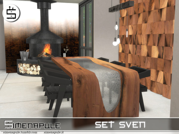 Sims 4 — Set Sven by Simenapule — Set Sven includes 7 objects and 3 wall: - Table - Chair - Fireplace - Bucket - Vase