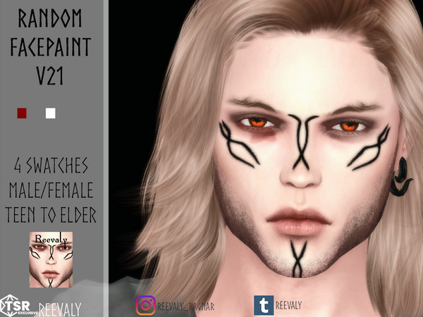 Sims 4 — Random Facepaint V21 by Reevaly — 4 Swatches. Teen to Elder. Male and Female. Base Game compatible. Please do
