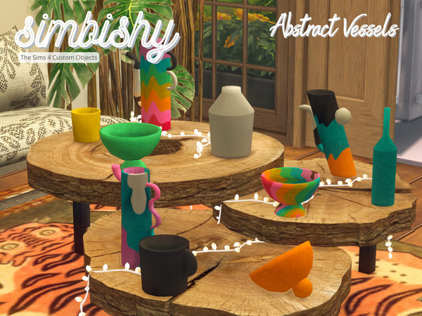Sims 4 — Abstract Vessels by simbishy — A set of abstract decorative art pieces in melted colourful patterns.