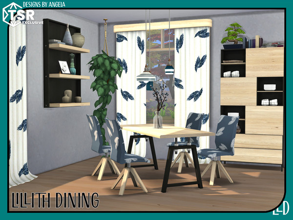 Sims 4 — Lillith Dining by Angela — Lillith dining, a new diningset for your sims 4. The set contains wall shelves, a