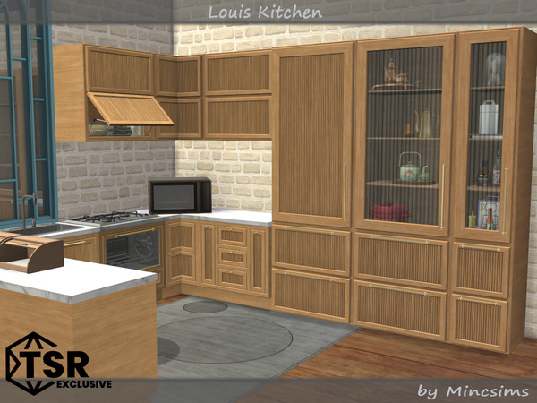 Sims 4 — Louis Kitchen Set by Mincsims — The set consists of 10 packages. -Cabinet -Open Cabinet -2 Counters -2 Island
