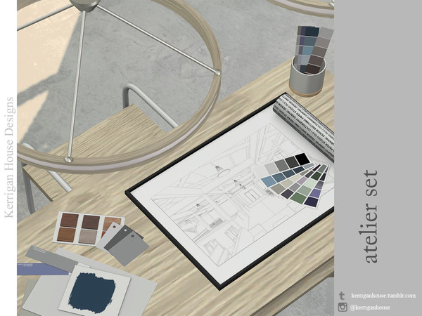 Sims 4 — Atelier Set by kerriganhouse — A set for the budding architect or interior designer. These simple decor pieces