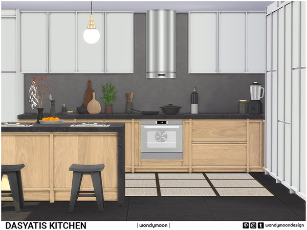 Sims 4 — Dasyatis Kitchen by wondymoon — Japandi inspired modern kitchen surfaces and built-in kitchen appliances;
