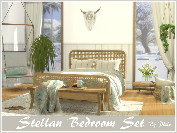 Sims 4 — Stellan Bedroom Set by philo — A set consisting of 8 items in coordinated colors for a soft boho bedroom.