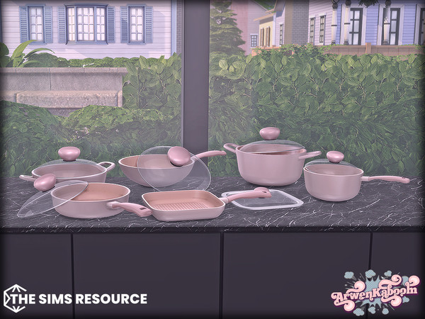Sims 4 — Culinique by ArwenKaboom — This new set features pots and pans with lids available for adding if you wish so.