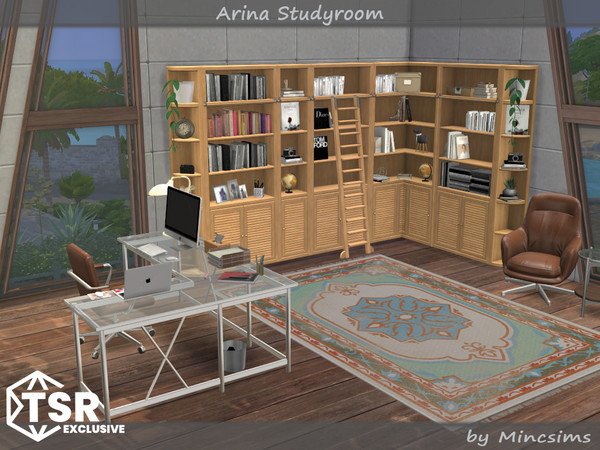 Sims 4 — Arina Studyroom by Mincsims — The Set consists of 8 packages. *L shaped Desk *Desk Chair *Bookcase