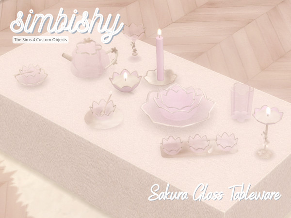 Sims 4 — Sakura Glass Tableware by simbishy — A delicate set of 10 items inspired by the beautiful sakura. It is all your