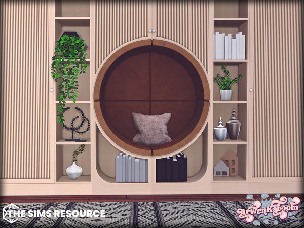 Sims 4 — Snugnook Part 2 by ArwenKaboom — New set featuring corner filled with cabinets, shelves and a round seat to