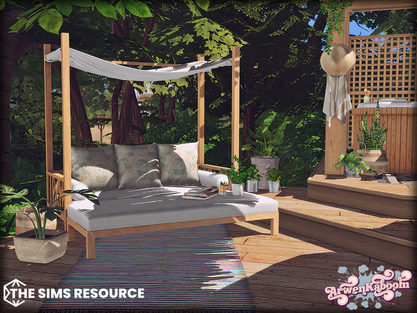 Sims 4 — Calm Splash by ArwenKaboom — New set featuring outdoor relaxation with hot tub, comfy seating and a shower. Find