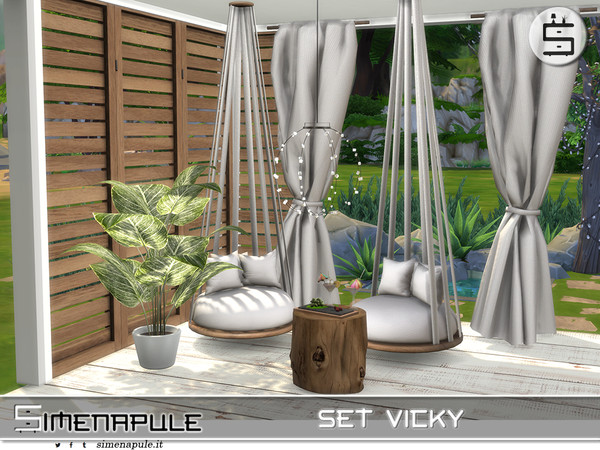 Sims 4 — Set Vicky by Simenapule — Set Reika is a patio/garden. Include 8 mesh: - Tree Trunk Coffee Table. - Ardesia Wood