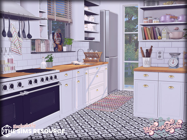 Sims 4 — Pearlwood by ArwenKaboom — New kitchen set in multiple recolors. With two types of counters, lots of shelves,