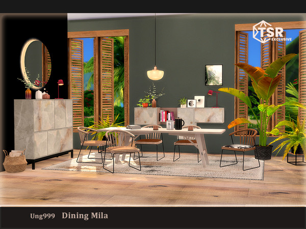 Sims 4 — Dining Mila by ung999 — This set of dining furniture includes 12 objects: Cabinet Ceiling Lamp L and S Ceiling