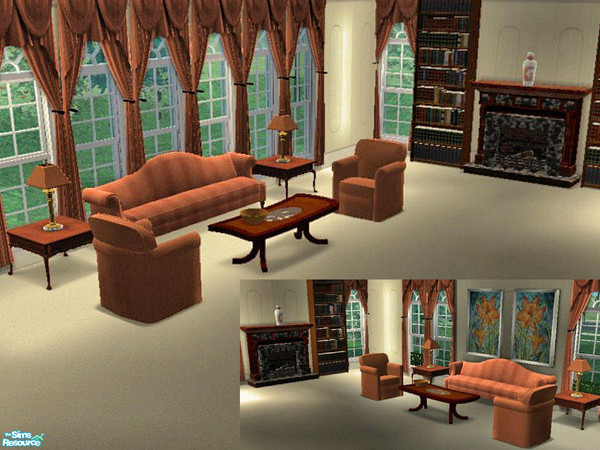 Sims 2 — Livingroom Coral and Hickory Set by Henwen — Livingroom done in corals with hickory wood pieces. One item