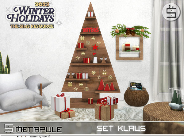 Sims 4 — Set Klaus by Simenapule — Set Klaus is a wood modern Christmas Tree, composed by 8 new meshes: - Christmas Angel