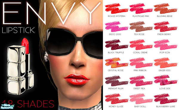 Sims 2 — ENVY Lipstick by 06bek — Rich, velvety and full-coloured lipstick in 18 shades. Highly detailed.