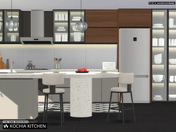 Sims 4 — Kochia Kitchen by wondymoon — Kochia modern style kitchen surfaces with lighted display cabinets and two