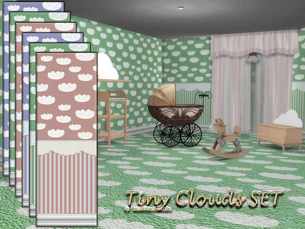 Sims 4 — Tiny Clouds SET by matomibotaki — Funny little clouds cavort on a cute children's wallpaper, 2 different design