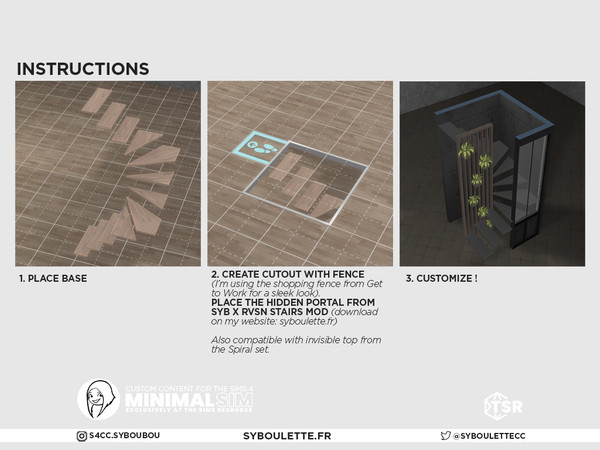 Sims 4 — SYB x RVSN Elevator Stairs Tuning by Syboubou — This is a tuning to make my new spiral stairs functional. Do not