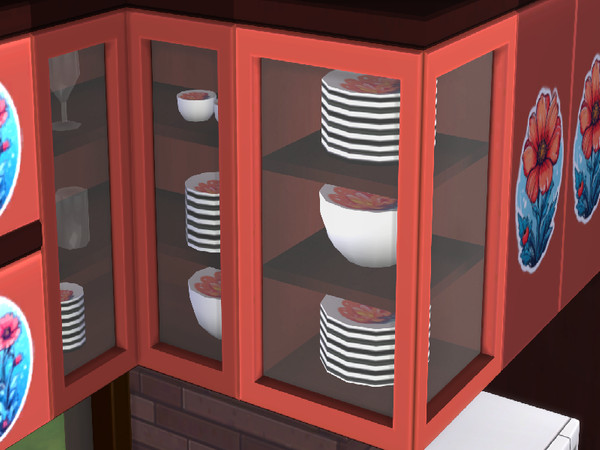 Sims 4 — Flora kitchen Surfaces set by Woodies — counters and cupboards with a flora designs images playground Ai