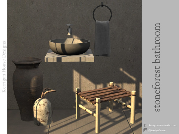 Sims 4 — Stoneforest Bathroom by kerriganhouse — A unique bathroom set designed with an earthy vibe. Seven new pieces for