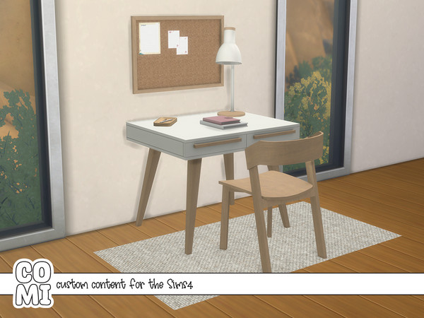 Sims 4 — Comiko - Office set by Comiko — Office set composed of desk, chair, lamp, notebooks, pen holder, board, and rug.