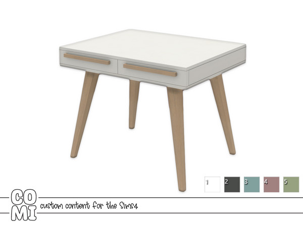 Sims 4 — Comiko Office Desk by Comiko — Office set composed of desk, chair, lamp, notebooks, pen holder, board, and rug.